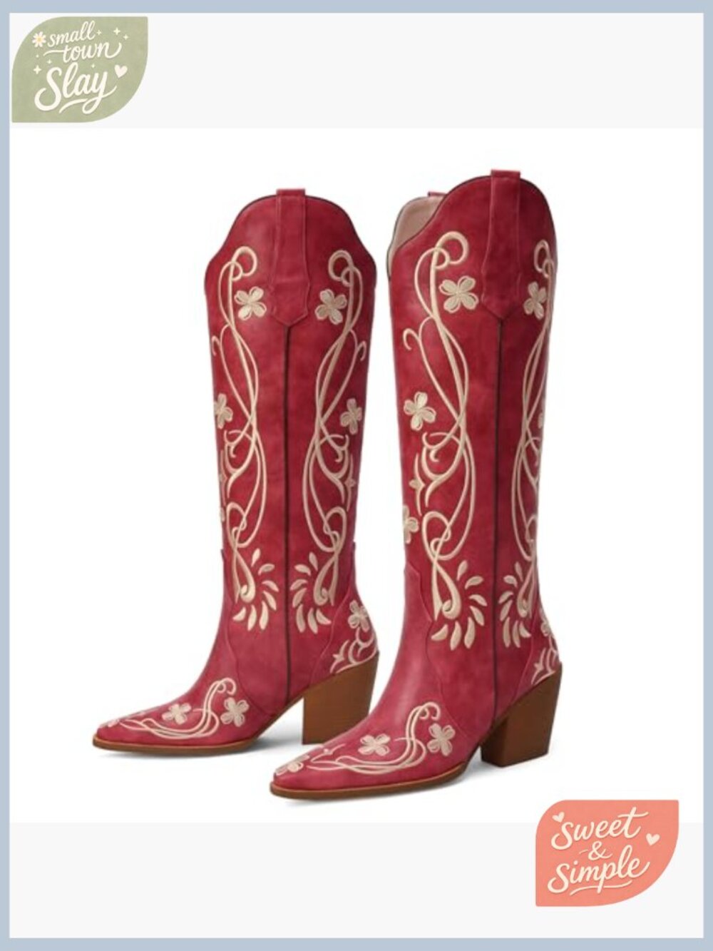 Knee High Cowboy Boots Floral Embroidered Western Pull On Faux Leather - Picture 4 of 7